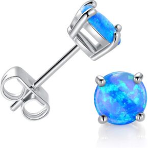 18K White Gold Plated Blue/Green/Orange Fire/Lighting Green Opal Stud Earrings Sensitive Ears for Women 6mm Round Stud Earrings