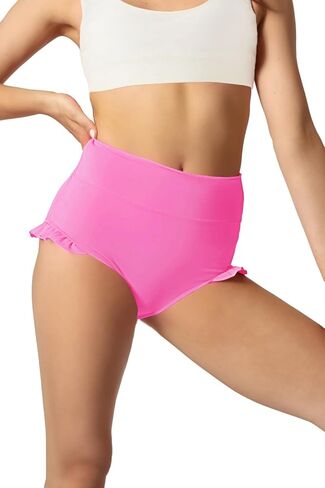 Haloumoning الفتيات السراويل الرياضية المكشكشة عالية الخصر اليوغا الرقص السراويل مريح الجمباز السراويل ملخصات 4-14Y in Kuwait