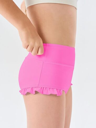 Haloumoning الفتيات السراويل الرياضية المكشكشة عالية الخصر اليوغا الرقص السراويل مريح الجمباز السراويل ملخصات 4-14Y in Kuwait