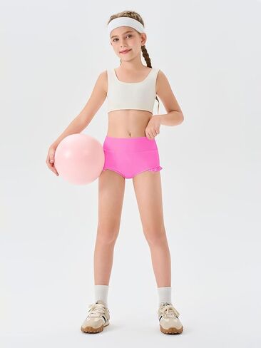 Haloumoning الفتيات السراويل الرياضية المكشكشة عالية الخصر اليوغا الرقص السراويل مريح الجمباز السراويل ملخصات 4-14Y in Kuwait