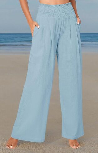 بنطلون نسائي من Urban Coco بخصر عالٍ وخفيف الوزن وفضفاض كاجوال واسع الساق وبنطلون طويل مع جيب in Kuwait