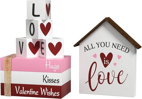 ديكورات عيد الحب على شكل قلب كتب صناعية، 8 قطع من كتب ديكور صينية متدرجة لعيد الحب، علامات خشبية، ديكور خشبي ريفي للمنزل والمطبخ وطاولة المكتب in Kuwait