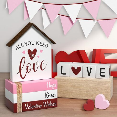 ديكورات عيد الحب على شكل قلب كتب صناعية، 8 قطع من كتب ديكور صينية متدرجة لعيد الحب، علامات خشبية، ديكور خشبي ريفي للمنزل والمطبخ وطاولة المكتب in Kuwait