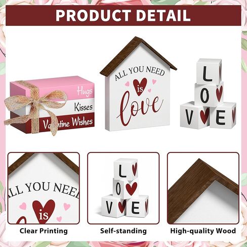 ديكورات عيد الحب على شكل قلب كتب صناعية، 8 قطع من كتب ديكور صينية متدرجة لعيد الحب، علامات خشبية، ديكور خشبي ريفي للمنزل والمطبخ وطاولة المكتب in Kuwait