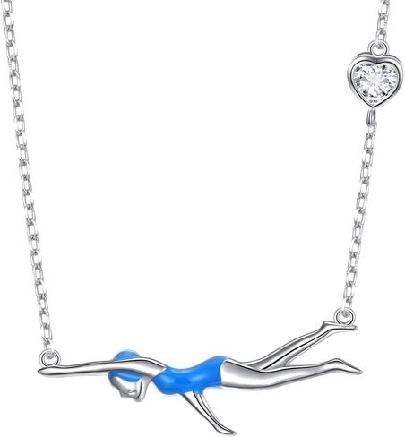 925 Sterling Silver Heart CZ Cute Swimming Girl Pendant Necklace for Women Teen Swimmer Coach Gift in Saudi Arabia