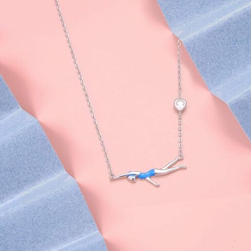 925 Sterling Silver Heart CZ Cute Swimming Girl Pendant Necklace for Women Teen Swimmer Coach Gift in Saudi Arabia