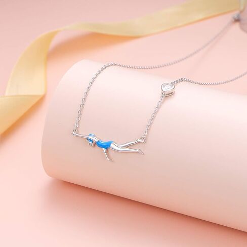 925 Sterling Silver Heart CZ Cute Swimming Girl Pendant Necklace for Women Teen Swimmer Coach Gift in Saudi Arabia