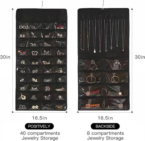 Double Sided Hanging Jewelry Organizer, 48 Pockets Clear Window Large Jewelry Hanging Organizer with Necklace Hanger, Wall/Door/Closet Stud Earring Bracelet Ring Storage in Kuwait