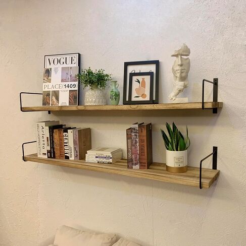 foxsky 59 inch Long Wall Shelf,Set of 2 Large Solid Wood Floating Shelves for Wall, 10 Inch deep Rustic Wood Wall Mounted Shelf for Living Room, Kitchen,Books,Bedroom, Bathroom,Wall Storage Decor in Saudi Arabia