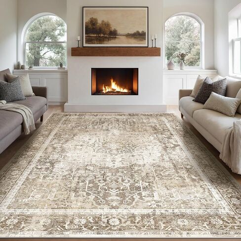 Kokia 9x12 Area Rugs for Living Room, Machine Washable Non Slip Vintage Boho Rugs, Low Pile Distressed Medallion Print Rug for Bedroom, Dining Room Olive 9 x 12 in Saudi Arabia