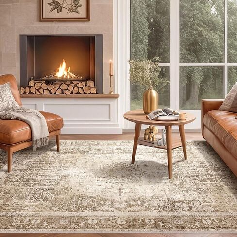 Kokia 9x12 Area Rugs for Living Room, Machine Washable Non Slip Vintage Boho Rugs, Low Pile Distressed Medallion Print Rug for Bedroom, Dining Room Olive 9 x 12 in Saudi Arabia