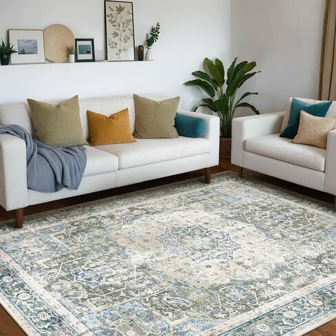 Kokia 9x12 Area Rugs for Living Room, Machine Washable Non Slip Vintage Boho Rugs, Low Pile Distressed Medallion Print Rug for Bedroom, Dining Room Olive 9 x 12 in Saudi Arabia
