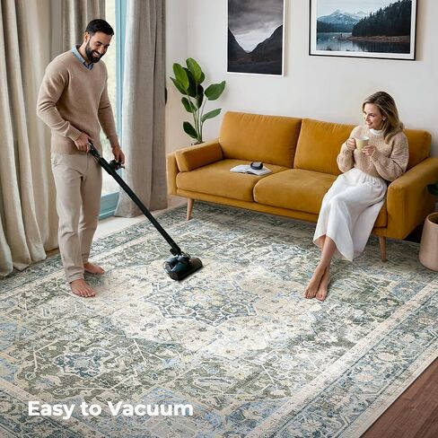 Kokia 9x12 Area Rugs for Living Room, Machine Washable Non Slip Vintage Boho Rugs, Low Pile Distressed Medallion Print Rug for Bedroom, Dining Room Olive 9 x 12 in Saudi Arabia