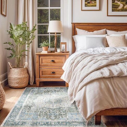 Kokia 9x12 Area Rugs for Living Room, Machine Washable Non Slip Vintage Boho Rugs, Low Pile Distressed Medallion Print Rug for Bedroom, Dining Room Olive 9 x 12 in Saudi Arabia
