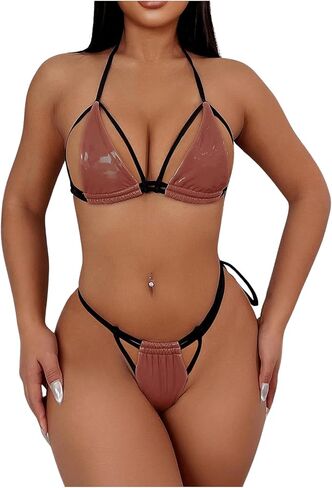 SweatyRocks المرأة 2 قطعة Colorblock ملابس السباحة مجموعة بولي Leather الجلود قطع الرسن بيكيني لاسلكي مجموعة التعادل الخلفي عالية قطع ملابس السباحة in Kuwait