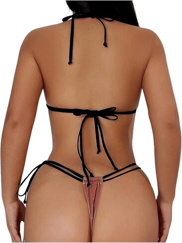 SweatyRocks المرأة 2 قطعة Colorblock ملابس السباحة مجموعة بولي Leather الجلود قطع الرسن بيكيني لاسلكي مجموعة التعادل الخلفي عالية قطع ملابس السباحة in Kuwait