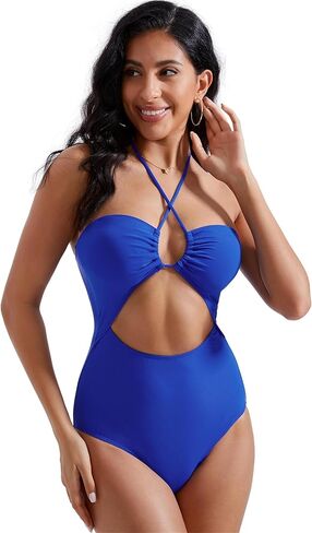 RXRXCOCO Womens Ribbed Cutout One Piece Swimsuit Tie Knot Front Halter Bathing Suit in Saudi Arabia