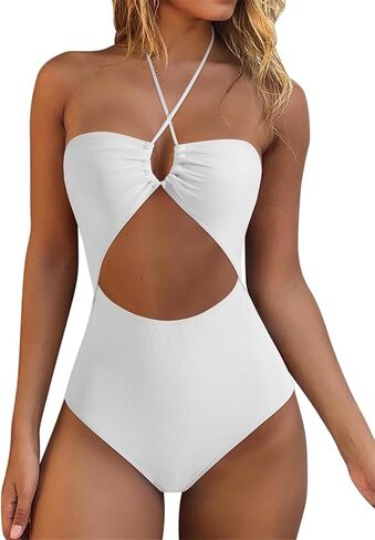RXRXCOCO Womens Ribbed Cutout One Piece Swimsuit Tie Knot Front Halter Bathing Suit in Saudi Arabia