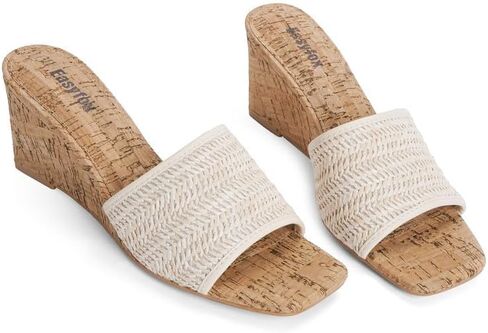 Easyfox Wedge Sandals for Women Open Toe Wedge Heels Womens High Heel Sandal Square Toe Heeled Wedge Sandals Wood Grain Slip on Wedge Mules in Kuwait