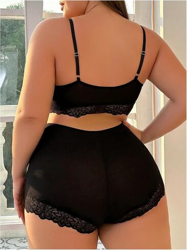 WDIRARA Women's Plus Size Contrast Lace Sexy Lingerie Set V Neck Wireless Bra and High Waist Panty 2 Piece Set in Saudi Arabia