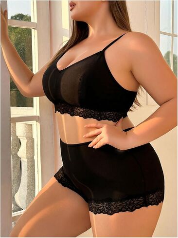 WDIRARA Women's Plus Size Contrast Lace Sexy Lingerie Set V Neck Wireless Bra and High Waist Panty 2 Piece Set in Saudi Arabia