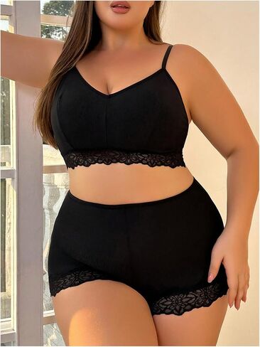 WDIRARA Women's Plus Size Contrast Lace Sexy Lingerie Set V Neck Wireless Bra and High Waist Panty 2 Piece Set in Saudi Arabia