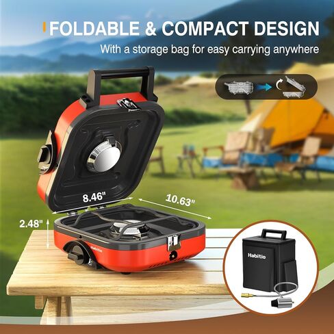 2-Burner Camping Stove Foldable, Portable Propane Camp Stove with 16000 BTU Adjustable Burners and Piezo Ignition, Folding Stove with Carry Bag & Handle for Camping, Tailgating, Backyard BBQ in Saudi Arabia