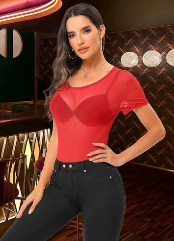 Womens Mesh Bodysuit Short Sleeve Top Crew Neck Sheer T Shirt Body Suit Leotard Blouse in Saudi Arabia