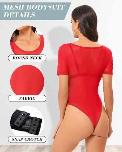 Womens Mesh Bodysuit Short Sleeve Top Crew Neck Sheer T Shirt Body Suit Leotard Blouse in Saudi Arabia