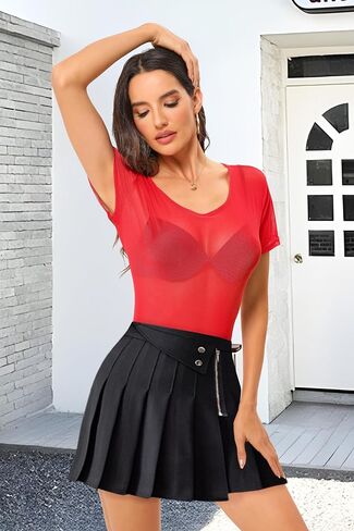 Womens Mesh Bodysuit Short Sleeve Top Crew Neck Sheer T Shirt Body Suit Leotard Blouse in Saudi Arabia