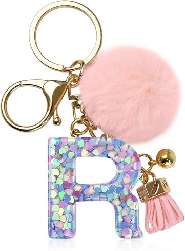Initial Keychain Accessories for Girls, Pink Pom Pom Letter Keychains, Fur Ball Key Chain for Backpack, Bag, Purse in Saudi Arabia