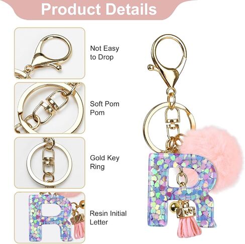 Initial Keychain Accessories for Girls, Pink Pom Pom Letter Keychains, Fur Ball Key Chain for Backpack, Bag, Purse in Saudi Arabia