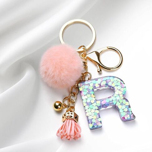 Initial Keychain Accessories for Girls, Pink Pom Pom Letter Keychains, Fur Ball Key Chain for Backpack, Bag, Purse in Saudi Arabia