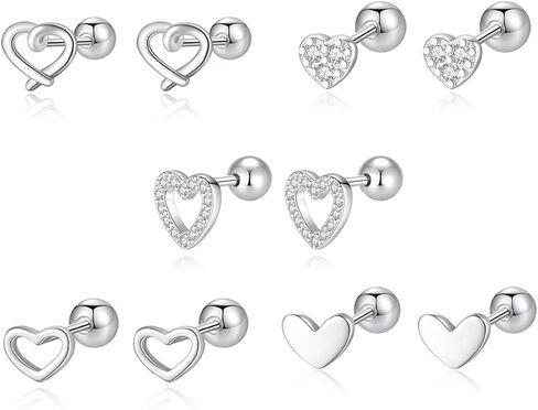 5 Pairs Heart Stud Cartilage Earrings for Women Screw Back Love Stud Tiny CZ Hearted Earring Tragus Pierced Ear Valentine Jewelry Gifts (Silvery Heart Studs) in Saudi Arabia