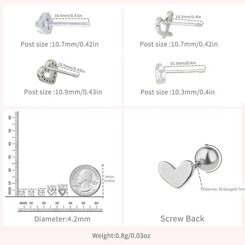 5 Pairs Heart Stud Cartilage Earrings for Women Screw Back Love Stud Tiny CZ Hearted Earring Tragus Pierced Ear Valentine Jewelry Gifts (Silvery Heart Studs) in Saudi Arabia