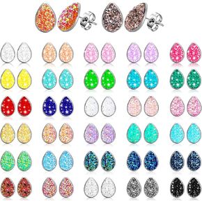 32 Pairs Faux Druzy Stud Earrings Stainless Steel Druzy Stud Earrings Glitter Pierced Earrings for Women (Water drop Shape)