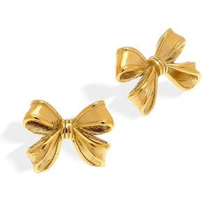 Dainty Gold Bow Stud Earrings for Women, Statement Fashion Matt Short Ribbon Knot Post Earring Bridal Wedding Prom Jewelry Gift.