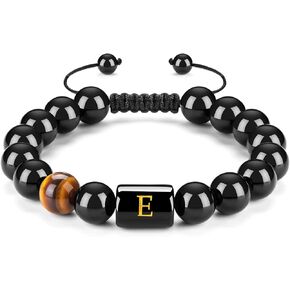 FRG Initials Bracelets for Men Letter Link Handmade Natural Black Onyx Tiger Eye Stone Beads Braided Rope Meaningful Bracelet