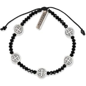 My Saint My Hero Gratitude Crystal Blessing Bracelet - Black Beads with 5 Silver-Tone Benedictine Medals