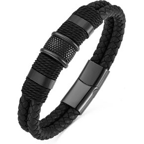 YL Black Braided Leather Mens Bracelet, Handcrafted Stainless Steel Cuff Bangle Punk Wristband Jewelry for Men Women