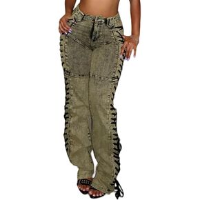 DINGANG High Waisted Sexy Jean for Women's Straight Leg Drawstring Lace Up Stretch Distressed Denim Pants