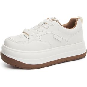 White Platform Chunky Wide Toe Sneakers for Women Leather Lightweight Lace Up Soft Sole Stylish Tennis Casual Walking Shoes