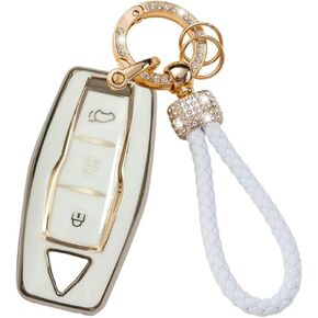 Key Fob Cover fit for Mitsubishi Outlander 2021 2022 2023 2024 TPU Key Cover Case Protector Bling Keychain Car Keyring 4 Buttons White