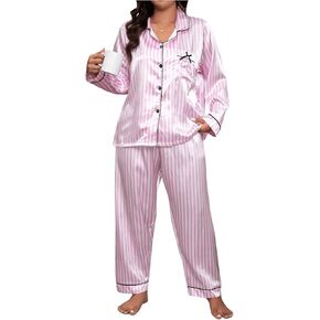 Milumia Women's Plus Size Satin Silky Pajama Set Striped Long Sleeve Button Up Shirt and Pants Lounge Set Sleepwear