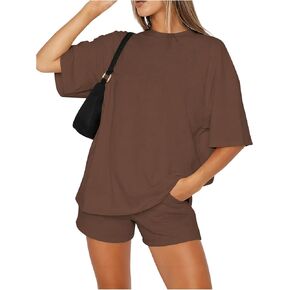OYOANGLE Women's 2 Piece Outfits Short Sleeve Tee Shirt and Track Shorts Set Workout Sports Tracksuit