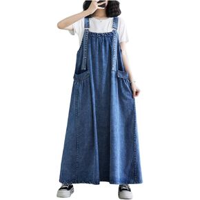 Boho Denim Overall Dress for Women Jean Overalls Skirt Jumper Pinafore Dresses Wide Hem Adjustable Straps Oversized