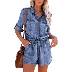 Paintcolors Women's Long Sleeve Button Down Pockets Belted Washed Denim Jumpsuits Rompers - Blue S