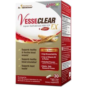 LABO Nutrition VesseCLEAR EX: Nattokinase NSK-SD+Elastin F for Clean & Flexible Blood Vessel. Japan's Most Research Proven, Functional Dose, Acid-Resistant/Delayed Release Capsules
