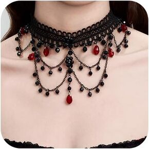 Denifery Black and Red Crystal Beads Pendant Black Lace Choker Vintage Gothic Elegant Halloween Costume Necklaces Goth Collar Choker for Women