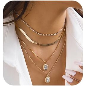 Xerling 4 Tier Boho Gold Crystal Pendant Necklaces Rhinestone Tennis Necklaces Snake Herringbone Choker Multilayer Chains Necklaces for Women